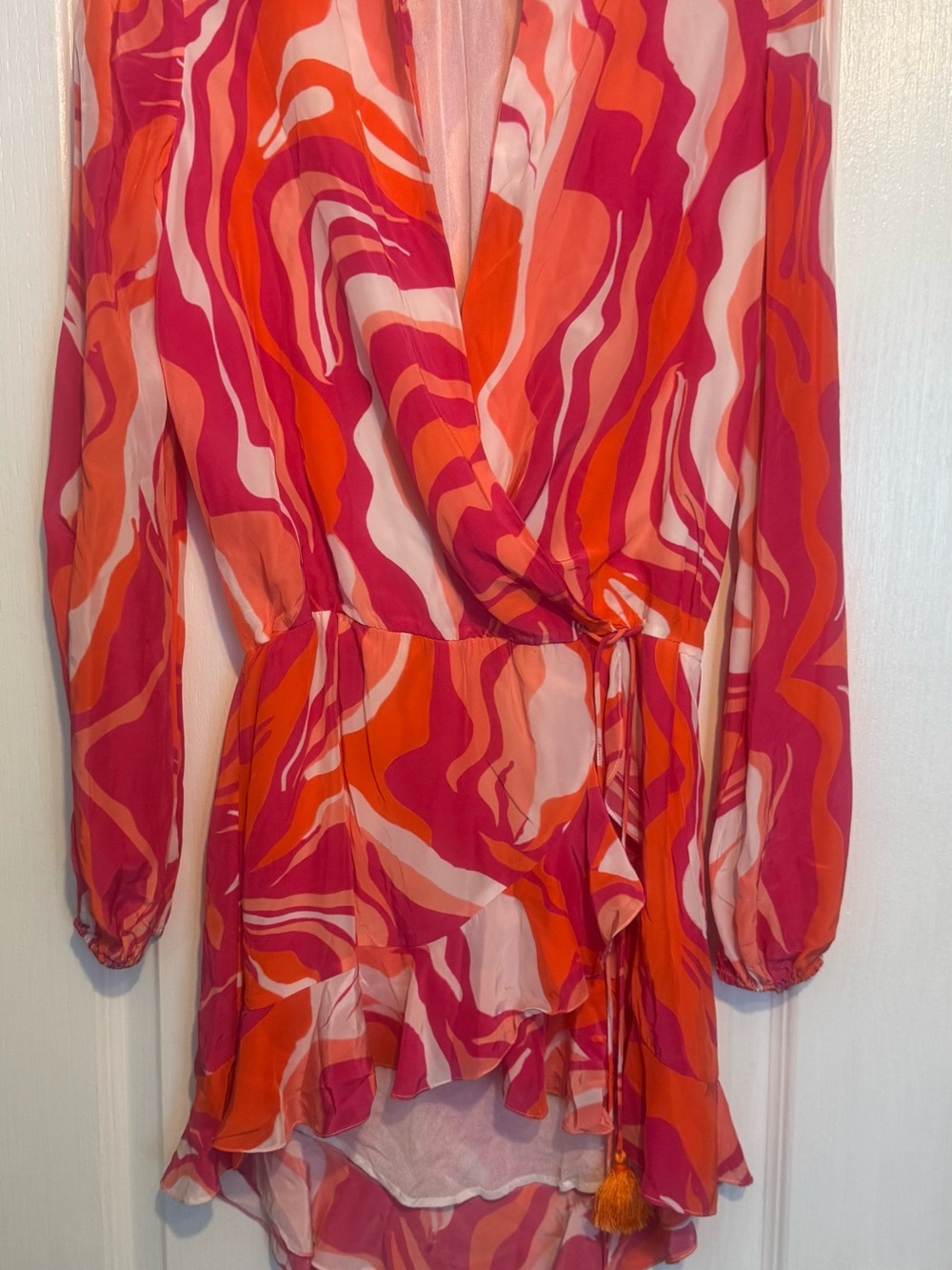 ROCOCCO SAND Women's Emily Wrap Dress in Pink, Orange and White Abstract Print